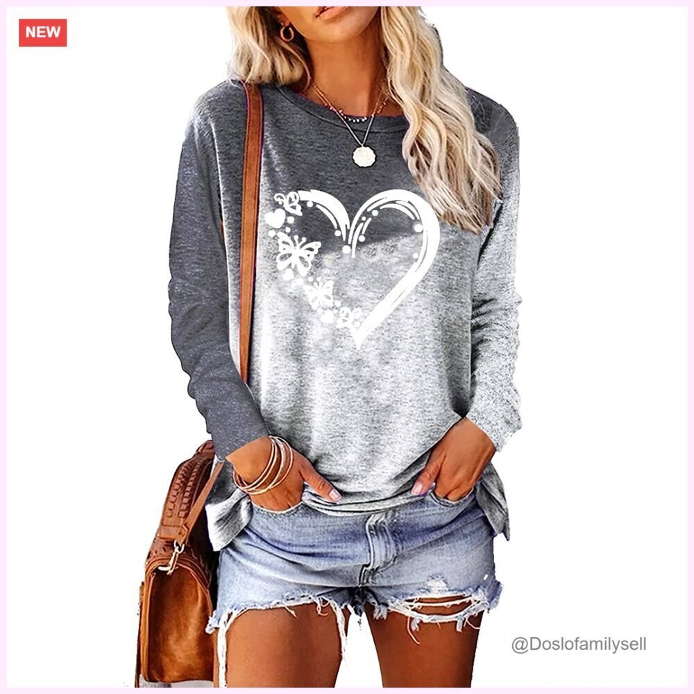 Long Sleeve Heart Tee Slim Fit Valentine's Day Top Plus Size Holiday Outfit